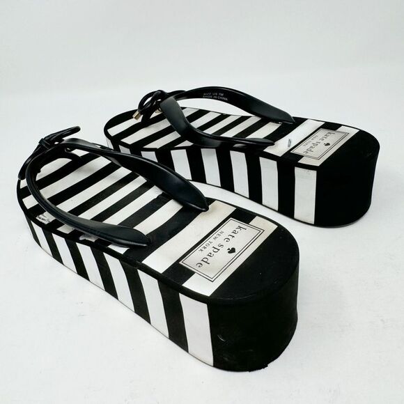 KATE SPADE | Rhett Striped Black/White Wedge Flip Flops Sandals Women’s Size 7 - Picture 7 of 15